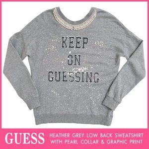 Guess Heather Grey Low Back Sweatshirt With Pearl Color & Graphic Print Size M